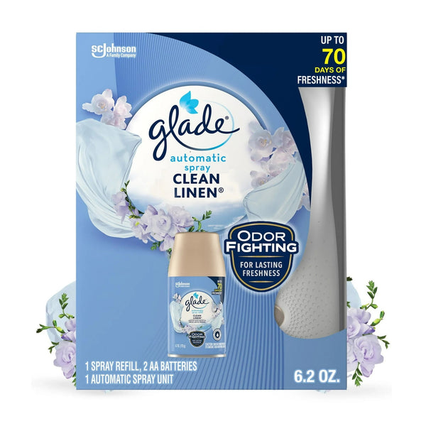 Automatic Spray Air Freshener Starter Kit, 1 Holder and 1 Refill, Clean Linen, Fragrance Infused with Essential Oils - 1 pack - plus 3 My Outlet Mall Resealable Storage Pouches