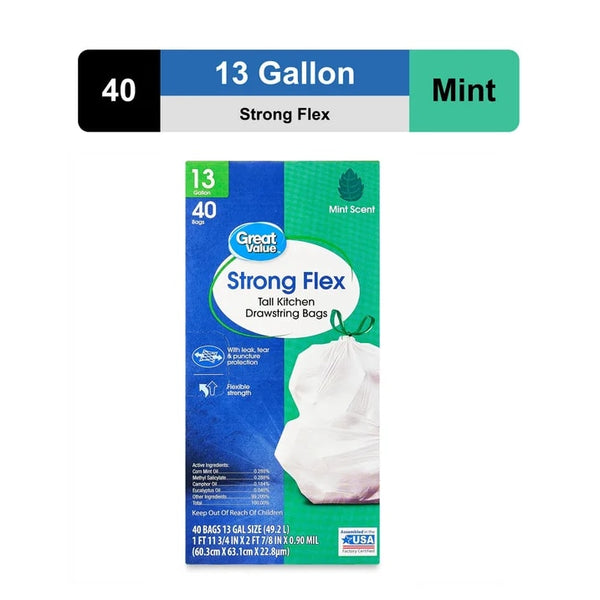 Strong Flex Tall Kitchen Drawstring Bags, Mint Scent, 13 Gallon - 1 pack - 40 Count per pack - plus 3 My Outlet Mall Resealable Storage Pouches
