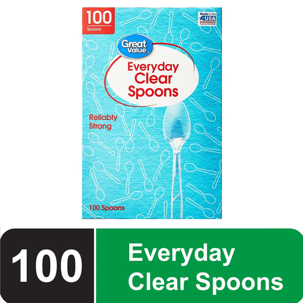 Plastic Everyday Clear Spoons - 2 packs - 100 Count per pack - plus 3 My Outlet Mall Resealable Storage Pouches