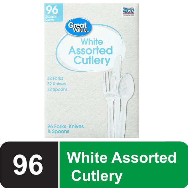 Assorted Plastic Disposable Cutlery Set, White, includes 32F/32S/32K - 2 packs - 96 Count per pack - plus 3 My Outlet Mall Resealable Storage Pouches