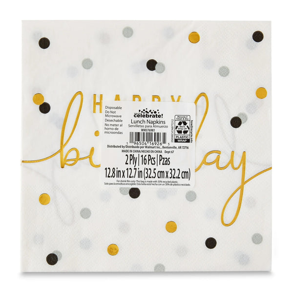 6.5" x 6.5" Disposable Gold/White Happy Birthday Paper Napkins - 1 pack - 20 Count per pack - plus 3 My Outlet Mall Resealable Storage Pouches