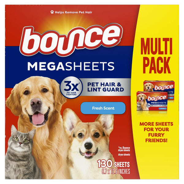 Pet Hair and Lint Guard Mega Dryer Sheets, Fresh Scent- 1 pack - 130 count per pack - plus 3 My Outlet Mall Resealable Storage Pouches