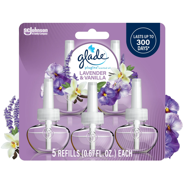 PlugIns Scented Oil 5 Refills, Air Freshener, Lavender & Vanilla Fragrance, Essential Oil Infused Wall Plug In, 3.35 oz - 3 packs - plus 3 My Outlet Mall Resealable Storage Pouches