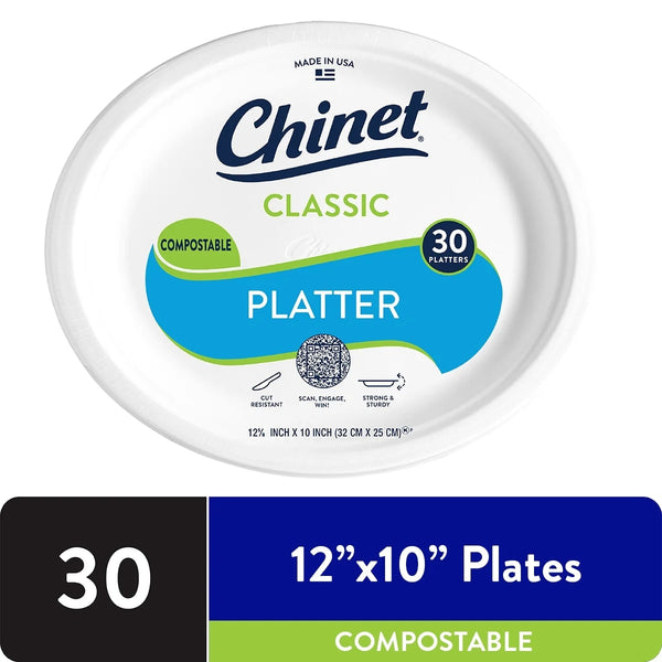 Classic Premium Disposable Paper Platters 12 ⅝ x 10", White - 1 pack - 30 Count per pack - plus 3 My Outlet Mall Resealable Storage Pouches