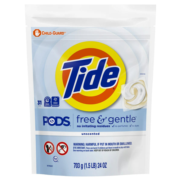 Free and Gentle Laundry Detergent Packs, Hypoallergenic, Unscented- 1 pack - 31 countper pack - plus 3 My Outlet Mall Resealable Storage Pouches
