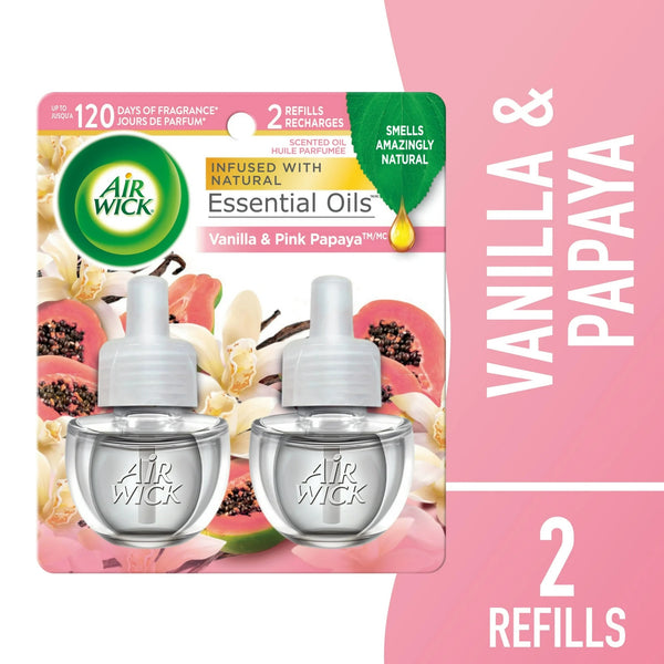 Plug in Scented Oil Refill, Vanilla and Pink Papaya, Air Freshener, Essential Oils, 2 Refills - 1 pack - plus 3 My Outlet Mall Resealable Storage Pouches