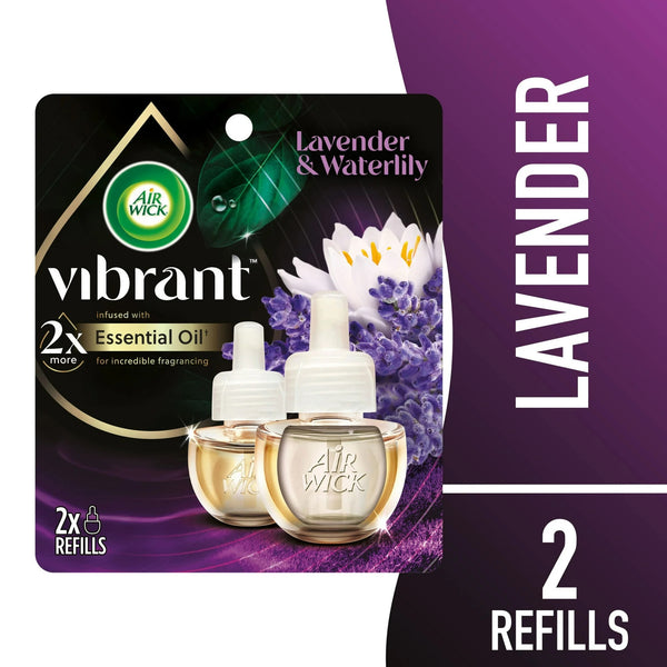 Vibrant Plug in Scented Oil Refill, Air Freshener, Lavender & Waterlily - 1 pack - 2 Count per pack - plus 3 My Outlet Mall Resealable Storage Pouches