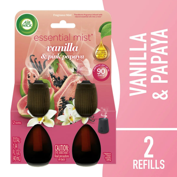 Essential Mist Refill, Air Freshener, Vanilla & Pink Papaya, 2 Count - 2 packs - plus 3 My Outlet Mall Resealable Storage Pouches