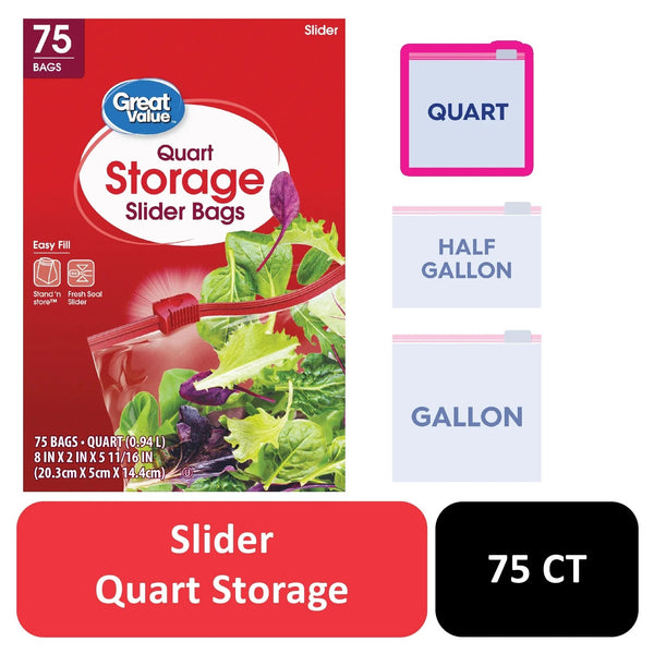 Fresh Seal Slider Zipper Bags, Quart Storage - 2 packs -  75 Count per pack - plus 3 My Outlet Mall Resealable Storage Pouches