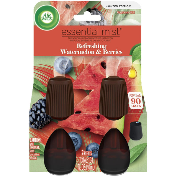 Essential Mist Refill, Refreshing Watermelon & Berries, Air Freshener, Essential Oils 2 Count - 2 packs - plus 3 My Outlet Mall Resealable Storage Pouches
