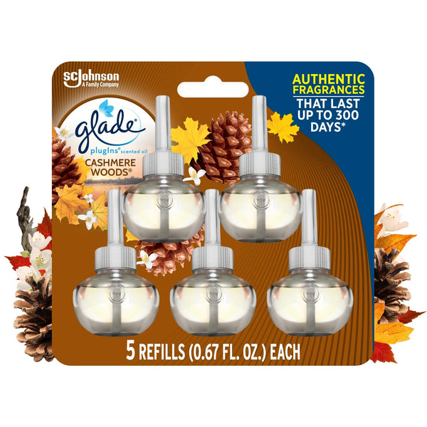 Plug-ins Scented Oil, Cashmere Woods, Fragrance Infused with Essential Oils, 5 Refills - 1 pack - plus 3 My Outlet Mall Resealable Storage Pouches