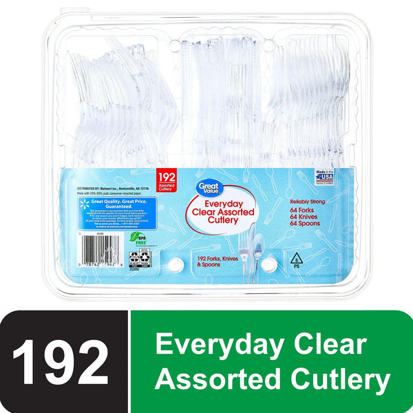 Plastic Everyday Clear Assorted Cutlery - 1 pack - 192 Count per pack - plus 3 My Outlet Mall Resealable Storage Pouches