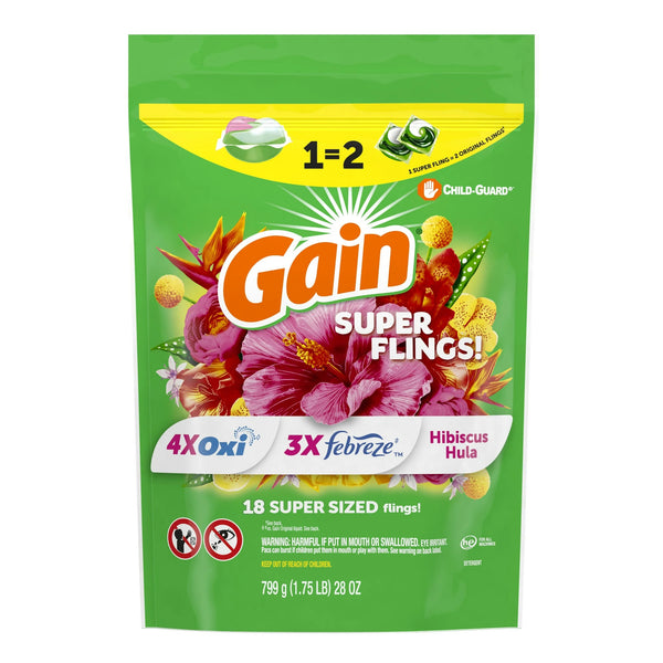 Super-Sized Flings Laundry Detergent Packs, Hibiscus Hula Scent- 2 pack - 18 countper pack - plus 3 My Outlet Mall Resealable Storage Pouches