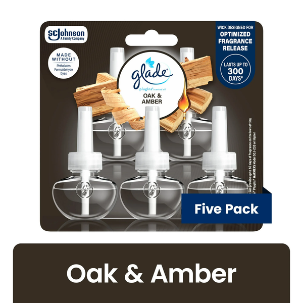 PlugIns Scented Oil 5 Refills, Air Freshener, Oak & Amber, Essential Oil Infused Wall Plug In, 3.35 oz - 1 pack - 5 Count  per pack plus 3 My Outlet Mall Resealable Storage Pouches