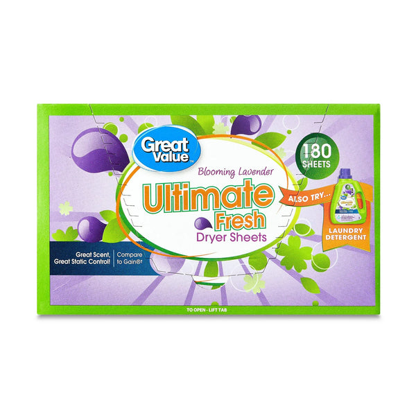 Ultimate Fresh Dryer Sheets, Blooming Lavender, Compare to Gain - 3 packs - 180 Count - plus 3 My Outlet Mall Resealable Storage Pouches