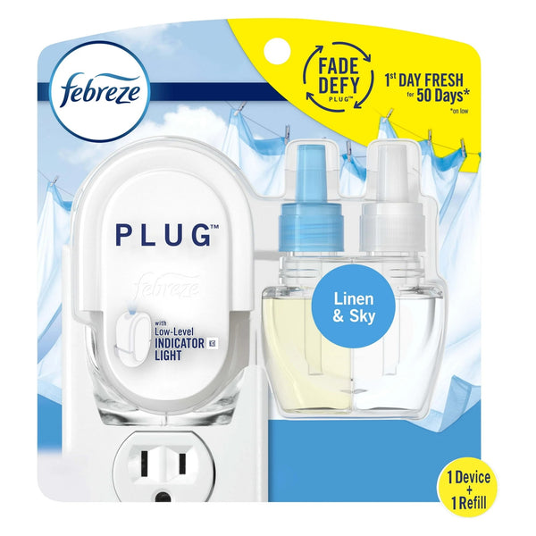 Plug In Air Freshener, Odor-Fighting Oil Kit, Linen & Sky, Warmer and 1 Refill - 1 pack - plus 3 My Outlet Mall Resealable Storage Pouches