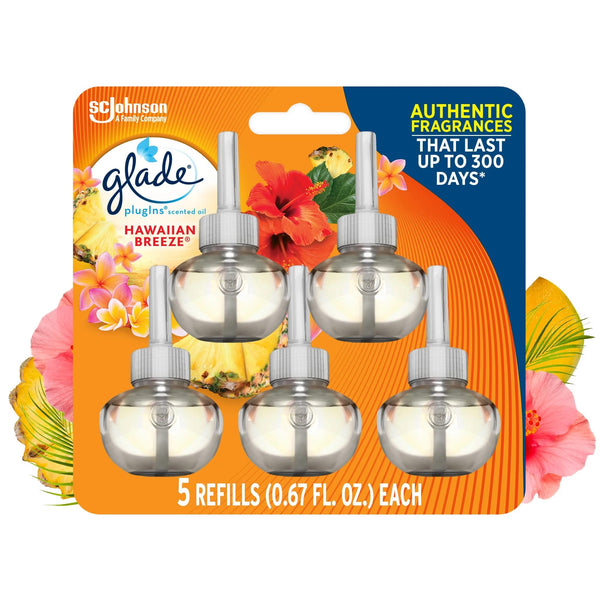 Plug-Ins Scented Oil, Hawaiian Breeze, Infused with Essential Oils, 5 Refills - 2 packs - plus 3 My Outlet Mall Resealable Storage Pouches