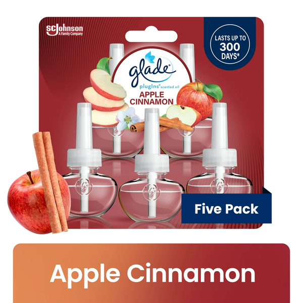 PlugIns Scented Oil 5 Refills, Air Freshener, Apple Cinnamon, Essential Oil Infused Wall Plug In, 3.35 FL oz - 1 pack - 5 Count per pack - plus 3 My Outlet Mall Resealable Storage Pouches