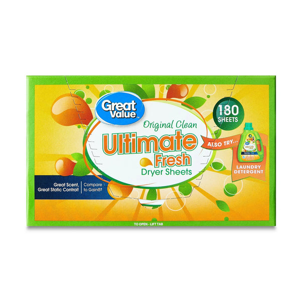 Ultimate Fresh Dryer Sheets, Original Clean, Compare to Gain - 1 pack - 180 Count - plus 3 My Outlet Mall Resealable Storage Pouches