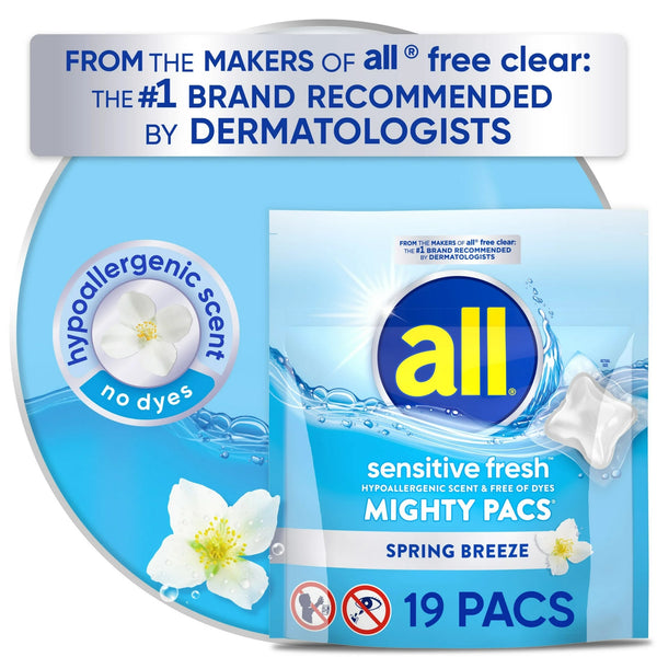 Sensitive Fresh Mighty Pacs Laundry Detergent Pacs, Hypoallergenic Spring Breeze Scent, Gentle for Sensitive Skin, HE Compatible - 2 packs - 19 Count - plus 3 My Outlet Mall Resealable Storage Pouches