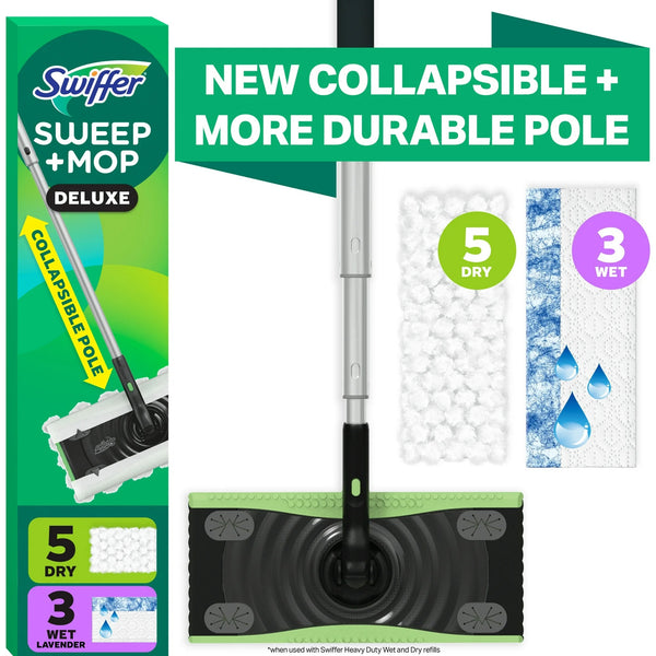Sweep and Mop Deluxe, 2-in-1 Mopping and Sweeping Kit, Multi-Surface Floor Cleaning, Kit Includes 1 Sweeper Device, 5 Heavy Duty Dry Sweeping Cloths, 3 Heavy Duty Wet Mopping Cloths - 2 packs - plus 3 My Outlet Mall Resealable Storage Pouches