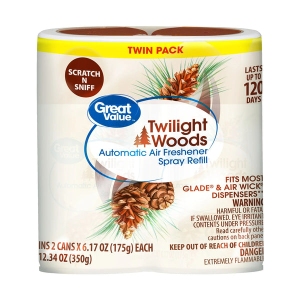 Automatic Air Freshener Spray Refill, Twilight Woods, Twin pack - 3 packs- plus 3 My Outlet Mall Resealable Storage Pouches