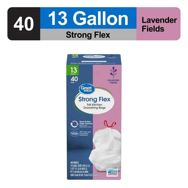 Strong Flex 13-Gallon Drawstring Tall Kitchen Trash Bags, Lavender Fields - 1 pack - 40 Count per pack - plus 3 My Outlet Mall Resealable Storage Pouches