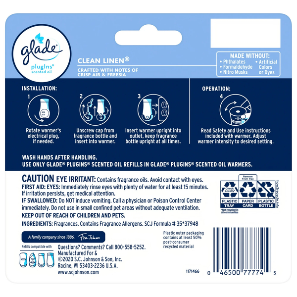 PlugIns Scented Oil, Air Freshener, Clean Linen, 0.67 oz - 1 pack - 5 Count per pack - plus 3 My Outlet Mall Resealable Storage Pouches