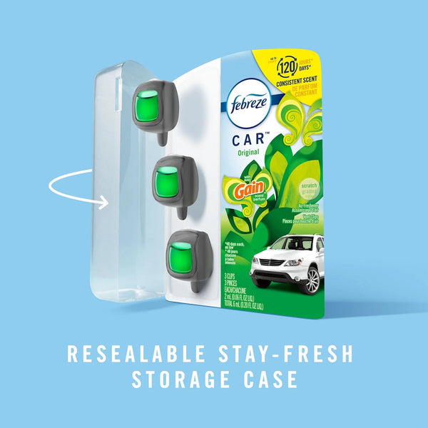 Car Air Freshener, Odor-Fighting Car Vent Clip, Gain Original, 3 Count - 1 pack - plus 3 My Outlet Mall Resealable Storage Pouches