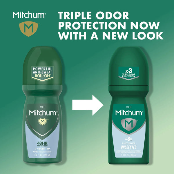 Men’s Triple Odor Protection Antiperspirant & Deodorant Roll-On, Unscented - 1 pack - 3.4 oz per pack - plus 3 My Outlet Mall Resealable Storage Pouches