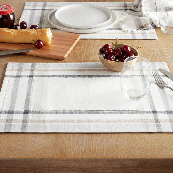 Monday Plaid Fabric Placemat, Beige, 14" W x 20" L - 1 pack - plus 3 My Outlet Mall Resealable Storage Pouches