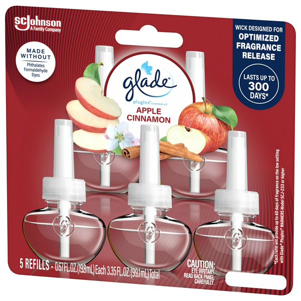 PlugIns Scented Oil 5 Refills, Air Freshener, Apple Cinnamon, Essential Oil Infused Wall Plug In, 3.35 FL oz - 1 pack - 5 Count per pack - plus 3 My Outlet Mall Resealable Storage Pouches