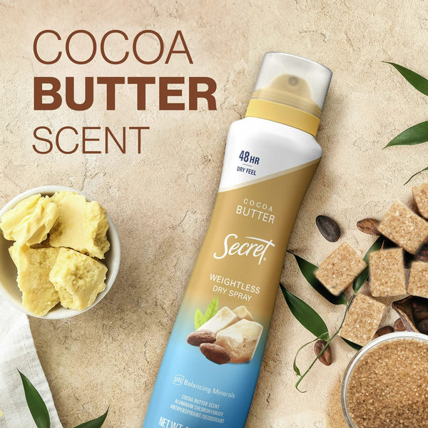 Weightless Dry Spray Antiperspirant & Deodorant for Women, Cocoa Butter Scent - 1 pack - 4.1 oz per pack - plus 3 My Outlet Mall Resealable Storage Pouches