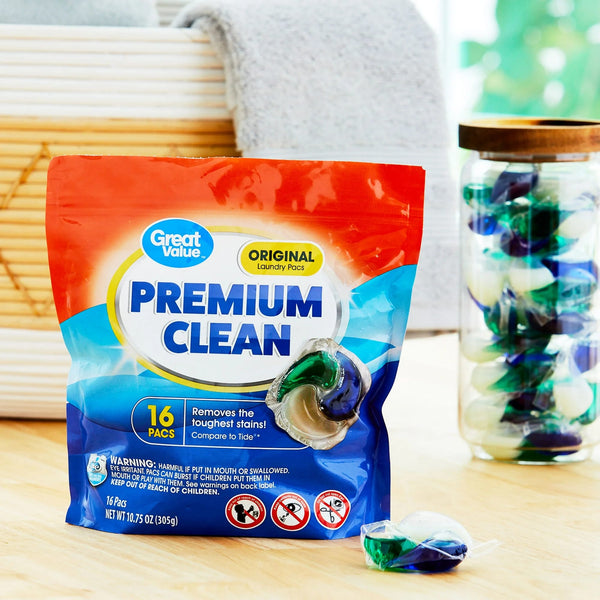 Premium Clean Laundry Pacs Original Scent - 1 pack - 16 Count - plus 3 My Outlet Mall Resealable Storage Pouches