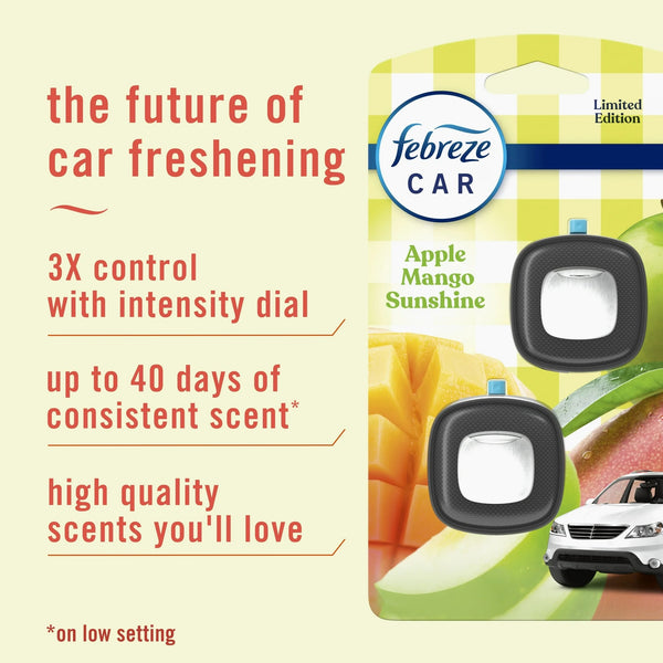 Car Air Freshener, Odor-Fighting Car Vent Clip, Apple Mango Sunshine, 2 Count - 1 pack - plus 3 My Outlet Mall Resealable Storage Pouches