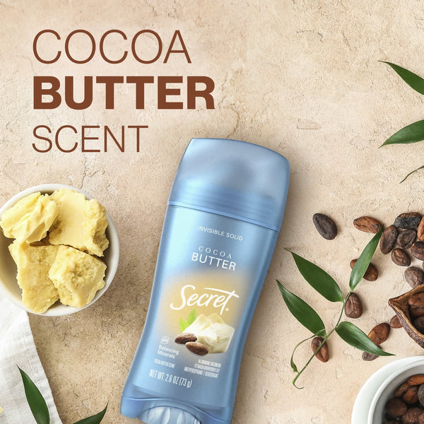 Fresh Invisible Solid Antiperspirant Deodorant for Women, Cocoa Butter - 2 packs - 2.6 oz per pack - plus 3 My Outlet Mall Resealable Storage Pouches