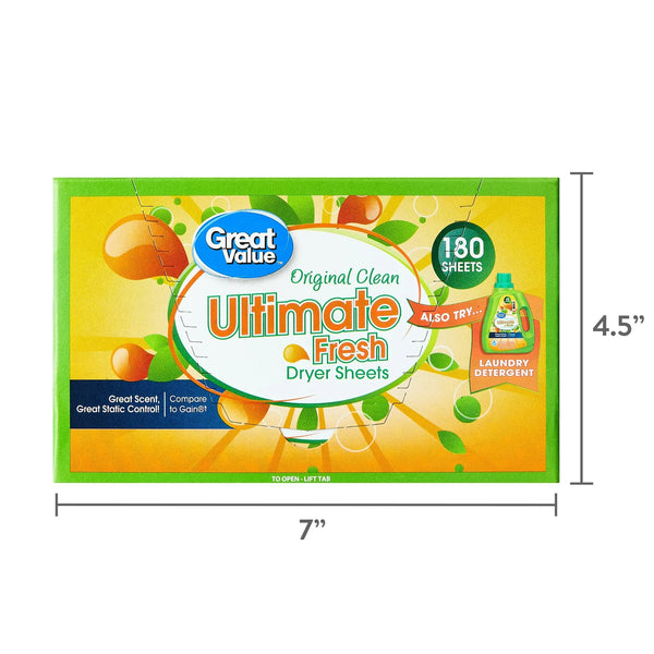 Ultimate Fresh Dryer Sheets, Original Clean, Compare to Gain - 1 pack - 180 Count - plus 3 My Outlet Mall Resealable Storage Pouches