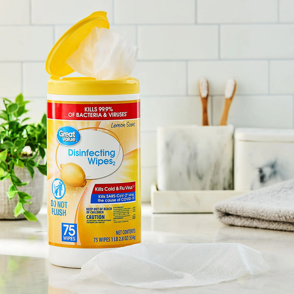 Lemon Scent Disinfecting Wipes - 1 pack - 75 count per pack - plus 3 My Outlet Mall Resealable Storage Pouches