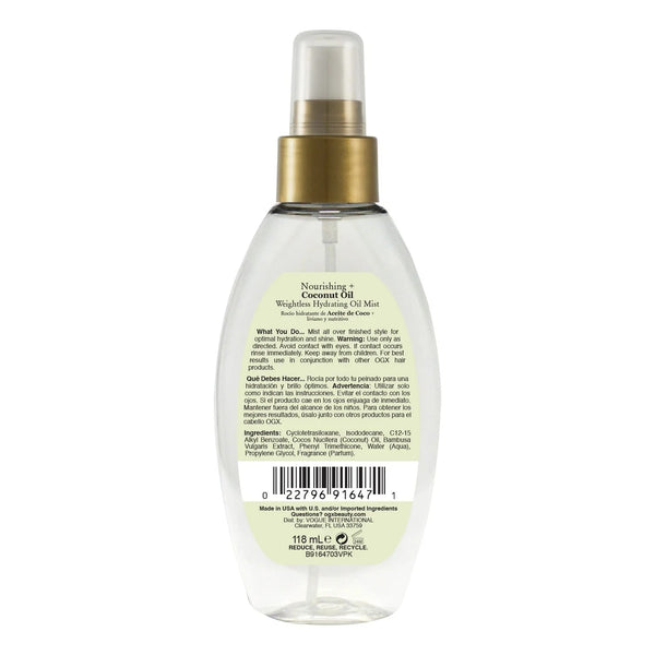 Nourishing + Coconut Oil Weightless Hydrating Oil Hair Mist, Leave-In Treatment - 1 pack - 4Fl oz per pack - plus 3 My Outlet Mall Resealable Storage Pouches