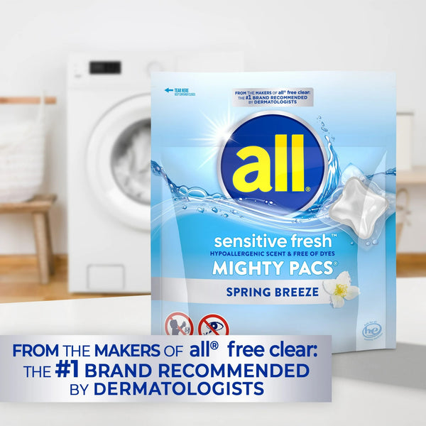 Sensitive Fresh Mighty Pacs Laundry Detergent Pacs, Hypoallergenic Spring Breeze Scent, Gentle for Sensitive Skin, HE Compatible - 2 packs - 19 Count - plus 3 My Outlet Mall Resealable Storage Pouches
