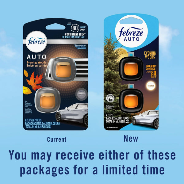Auto Car Air Freshener, Odor-Fighting Car Vent Clip, Evening Woods, 2 Count - 1 pack - plus 3 My Outlet Mall Resealable Storage Pouches