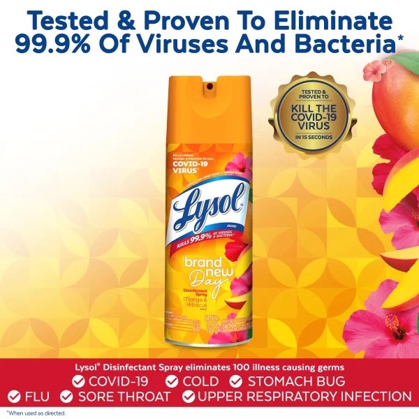 Disinfectant Spray, Sanitizing and Antibacterial Spray, For Disinfecting and Deodorizing, Brand New Day - Mango & Hibiscus - 1 pack - 12.5 oz per pack - plus 3 My Outlet Mall Resealable Storage Pouches