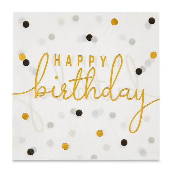 6.5" x 6.5" Disposable Gold/White Happy Birthday Paper Napkins - 1 pack - 20 Count per pack - plus 3 My Outlet Mall Resealable Storage Pouches