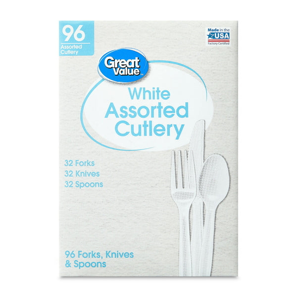 Assorted Plastic Disposable Cutlery Set, White, includes 32F/32S/32K - 2 packs - 96 Count per pack - plus 3 My Outlet Mall Resealable Storage Pouches