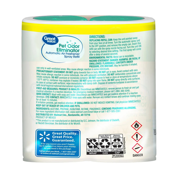 Automatic Air Freshener Spray Refill, Pet Odor Eliminator, Twin pack - 2 packs - plus 3 My Outlet Mall Resealable Storage Pouches