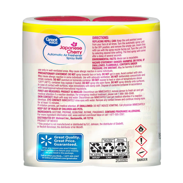 Automatic Air Freshener Spray Refill, Cherry Blossom, Twin pack - 3 packs - plus 3 My Outlet Mall Resealable Storage Pouches
