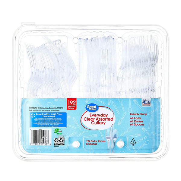 Plastic Everyday Clear Assorted Cutlery - 1 pack - 192 Count per pack - plus 3 My Outlet Mall Resealable Storage Pouches