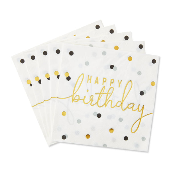 6.5" x 6.5" Disposable Gold/White Happy Birthday Paper Napkins - 1 pack - 20 Count per pack - plus 3 My Outlet Mall Resealable Storage Pouches