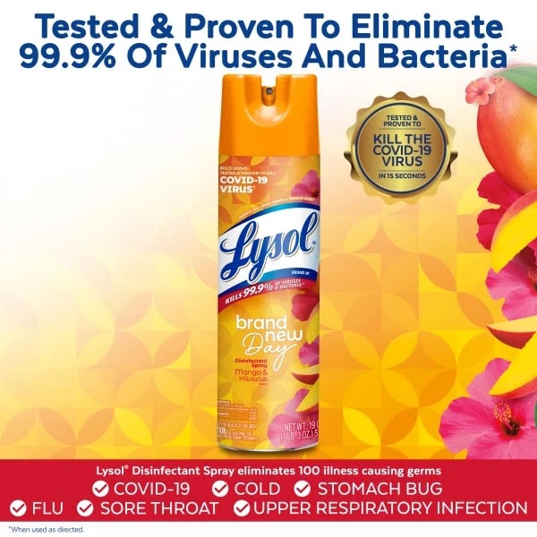 Disinfectant Spray, Sanitizing and Antibacterial Spray, For Disinfecting and Deodorizing, Brand New Day - Mango & Hibiscus Scent - 1 pack - 19 Fl oz per pack - plus 3 My Outlet Mall Resealable Storage Pouches