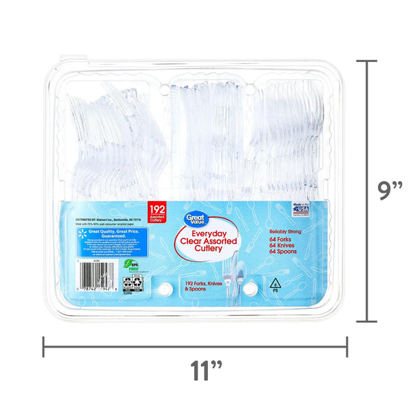 Plastic Everyday Clear Assorted Cutlery - 1 pack - 192 Count per pack - plus 3 My Outlet Mall Resealable Storage Pouches